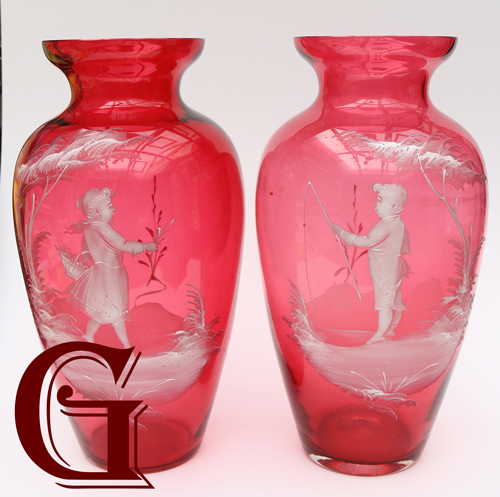 pair cranberry glass Mary Gregory vases